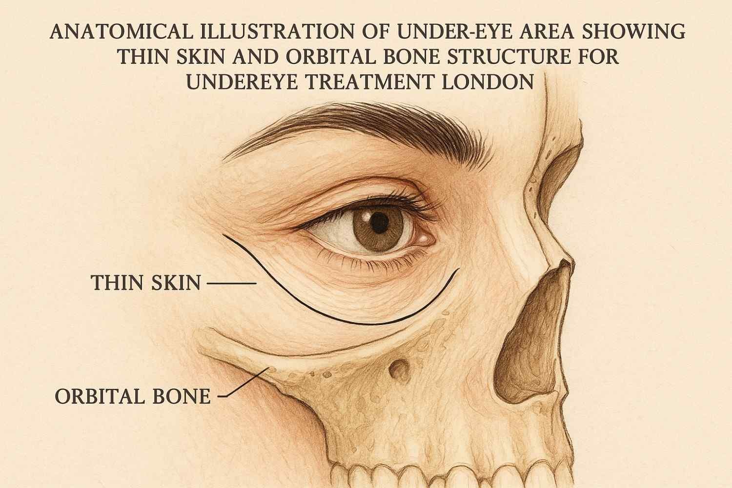 Anatomical illustration of under-eye area showing thin skin and orbital bone structure for undereye treatment London