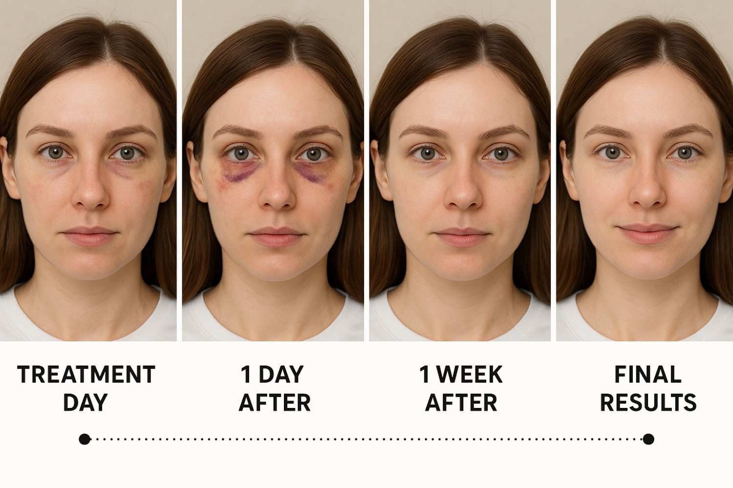 Healing timeline for under eye filler London showing progression from treatment to final results"