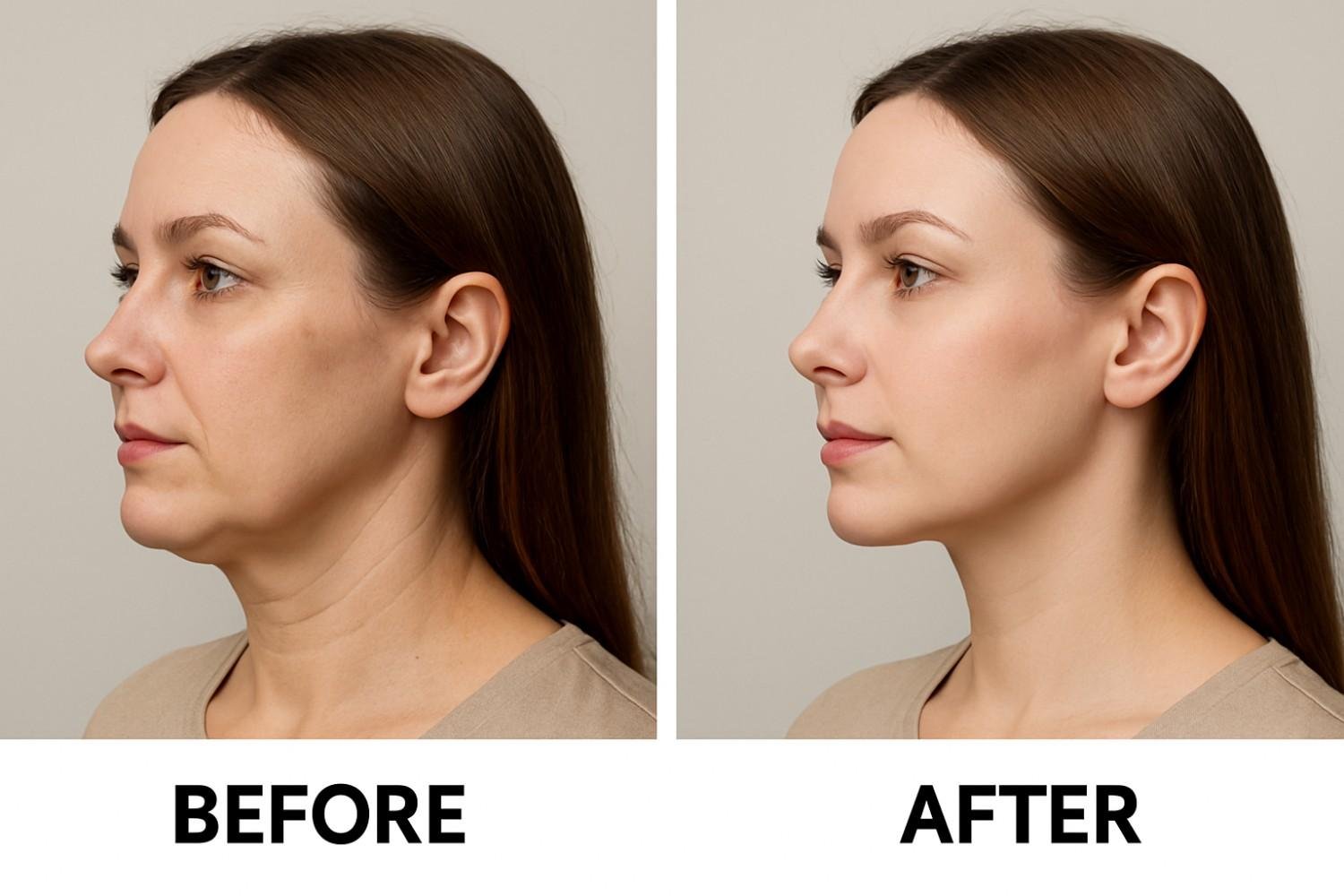 Before and after results showing harmonious face and neck rejuvenation at AM Aesthetics London