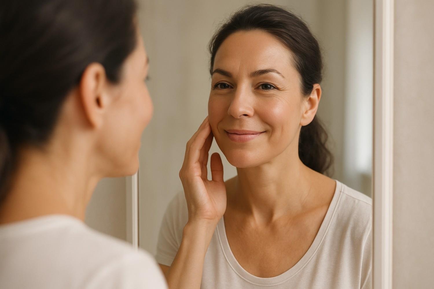 Confident client admiring natural anti-wrinkle injection results in modern London clinic mirror