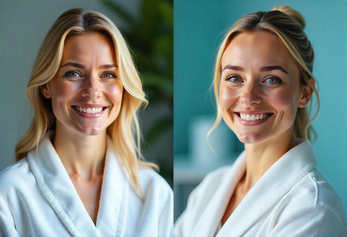 Client transformation showing improved confidence and skin appearance after face and neck treatments