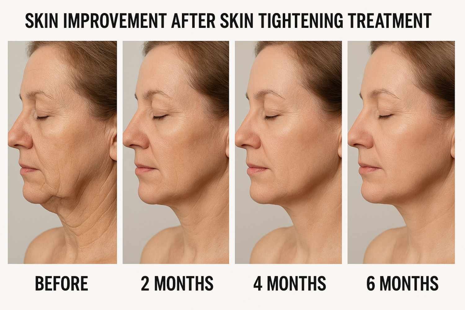 Six-month progression timeline showing gradual skin tightening results after treatment