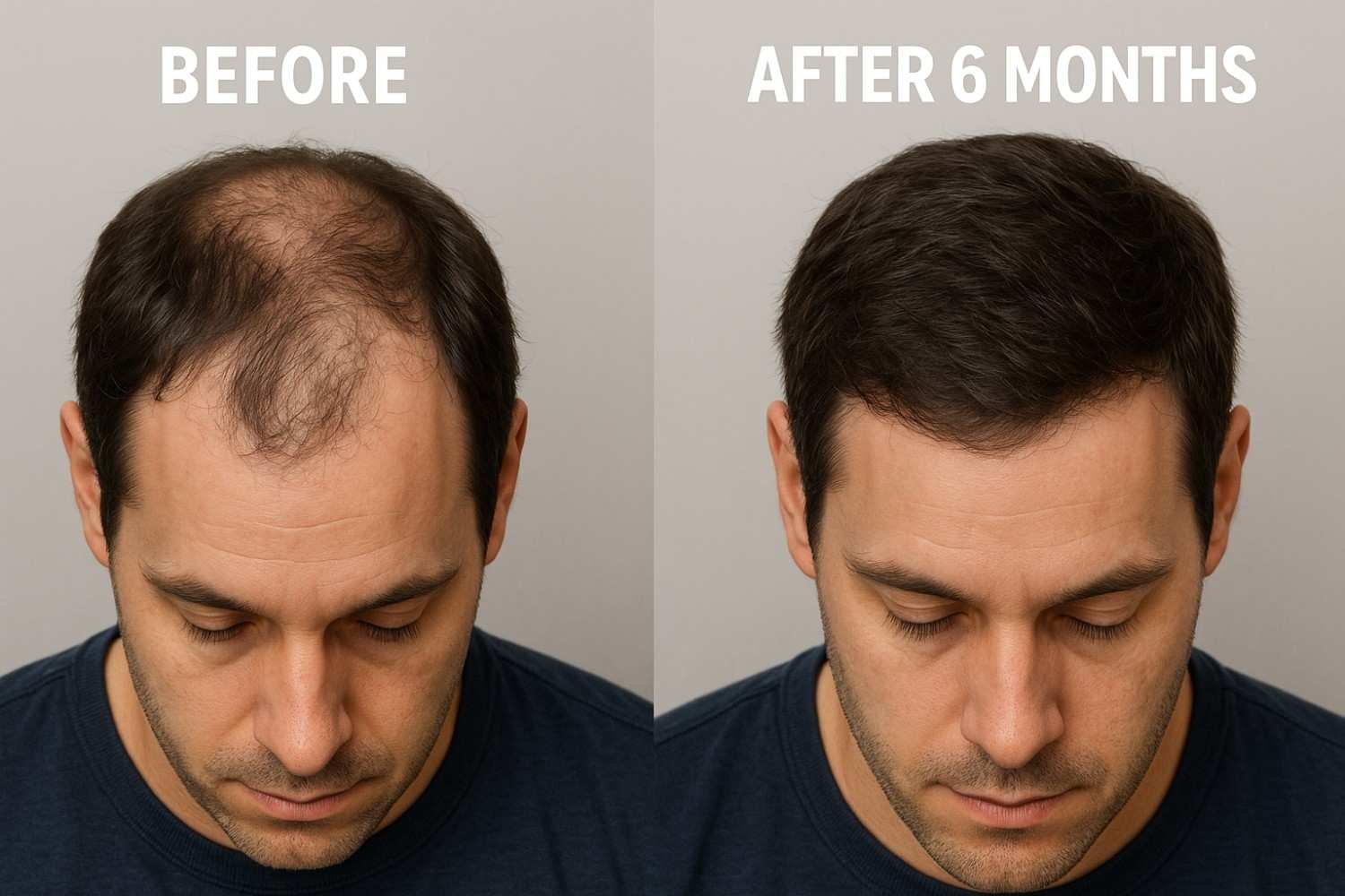 Six-month hair restoration progress showing natural density improvement at AM Aesthetics London