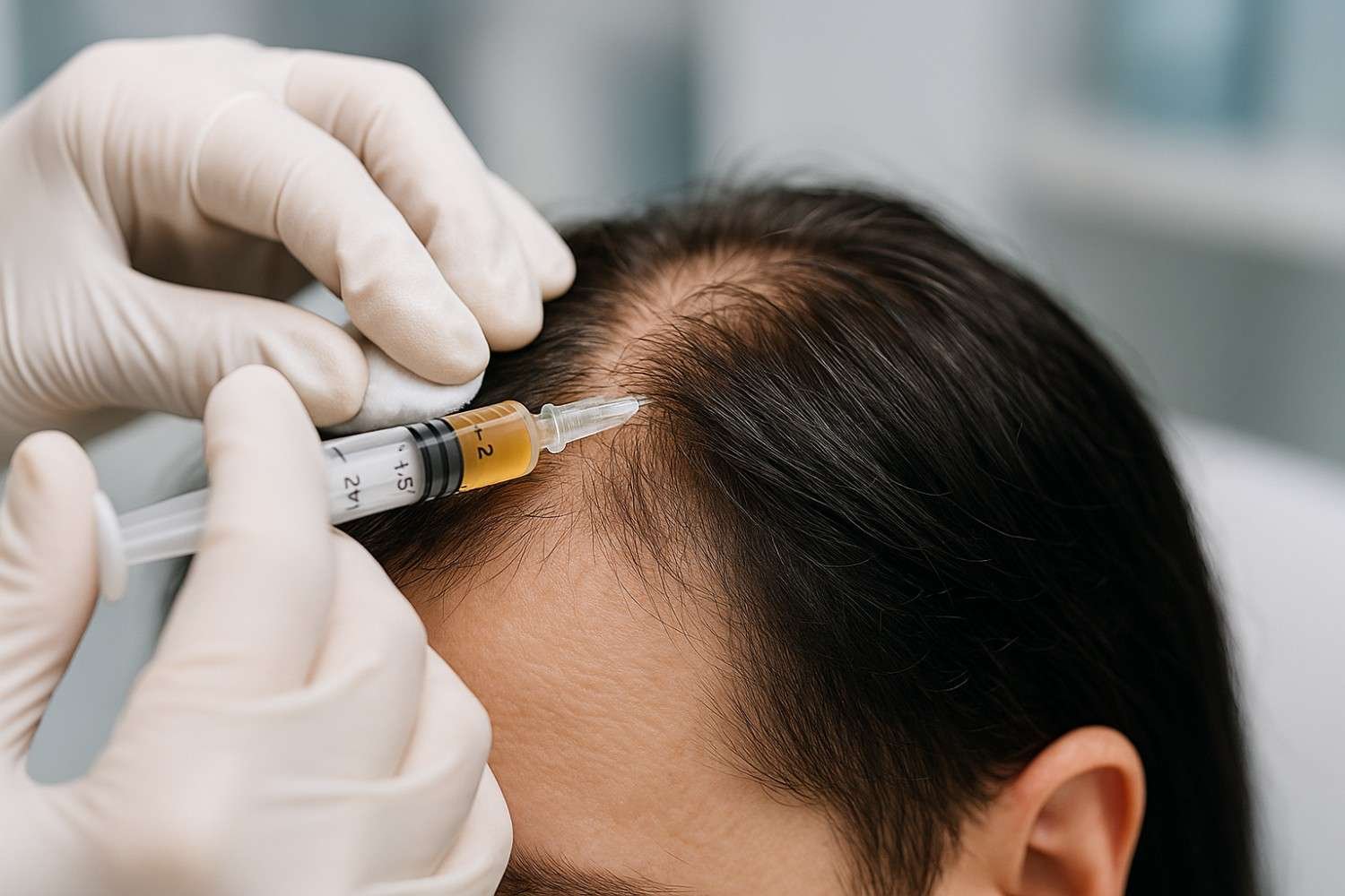 Professional PRP hair treatment procedure at AM Aesthetics London showing precise injection technique