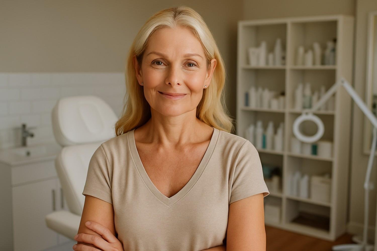 Confident client showcasing natural face and neck treatment results from AM Aesthetics London