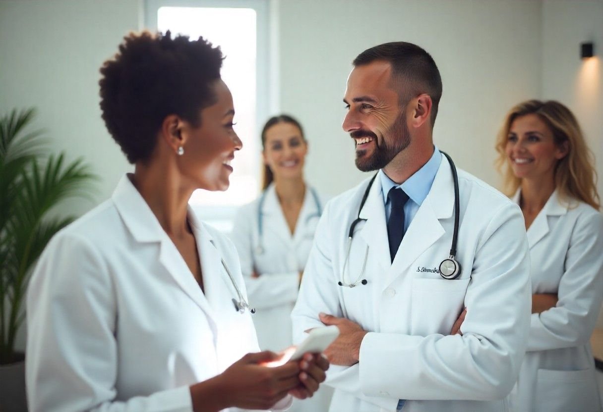 Experienced team of aesthetic professionals in modern clinic equipped with latest face and neck treatment technology