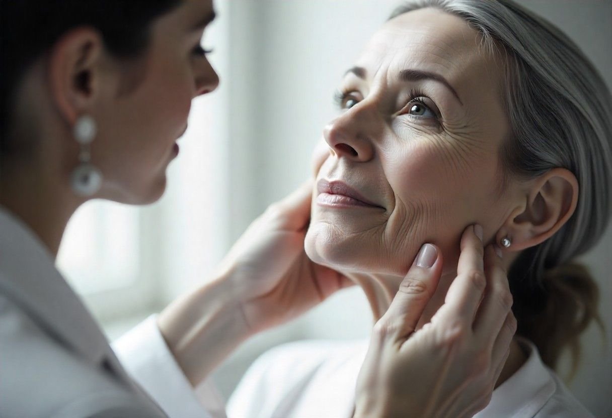 Crepey neck skin examination showing need for face and neck treatment