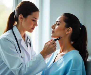 Expert face and neck consultation at AM Aesthetics London showing professional assessment techniques"
