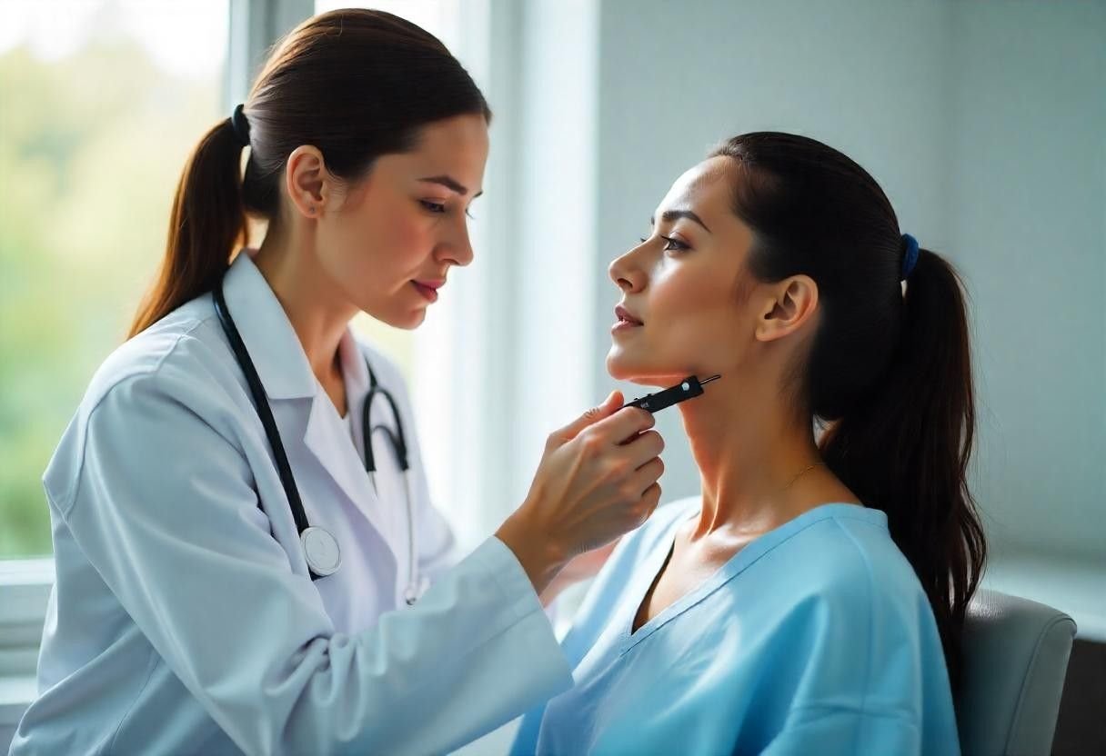 Expert face and neck consultation at AM Aesthetics London showing professional assessment techniques"