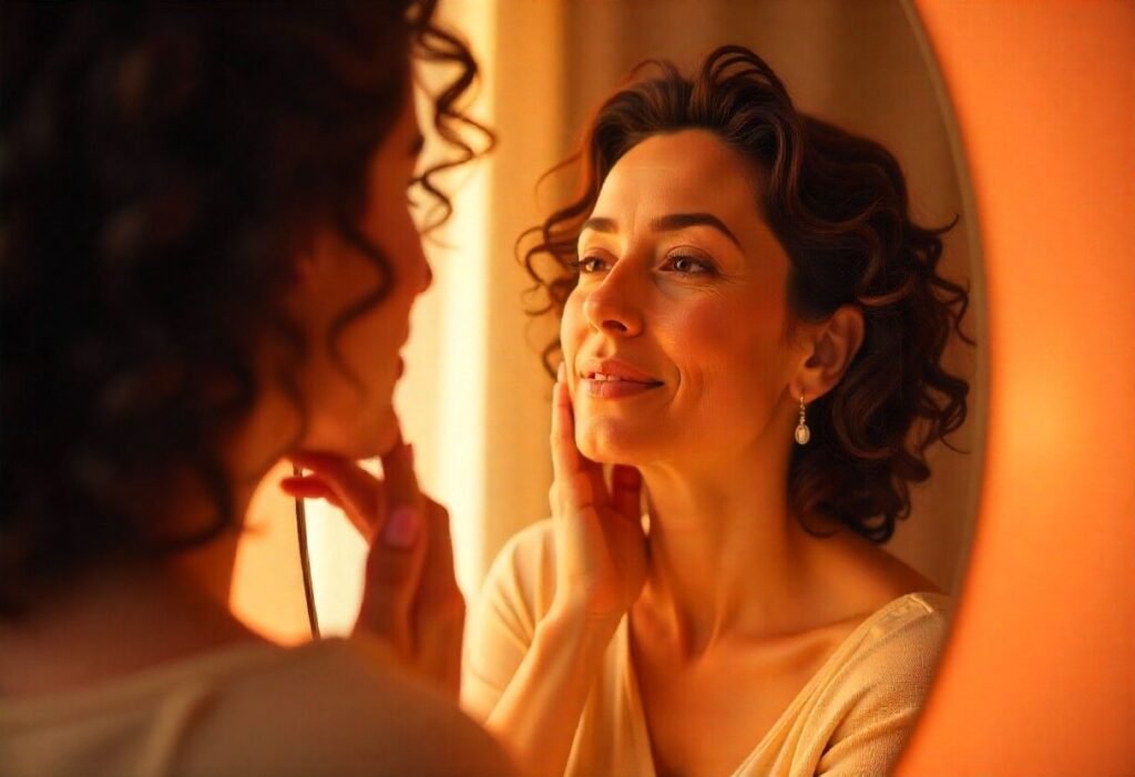 Woman examining face and neck treatment signs in mirror at AM Aesthetics consultation