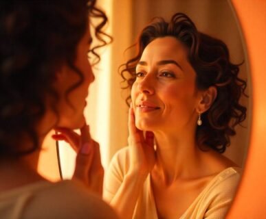 Woman examining face and neck treatment signs in mirror at AM Aesthetics consultation