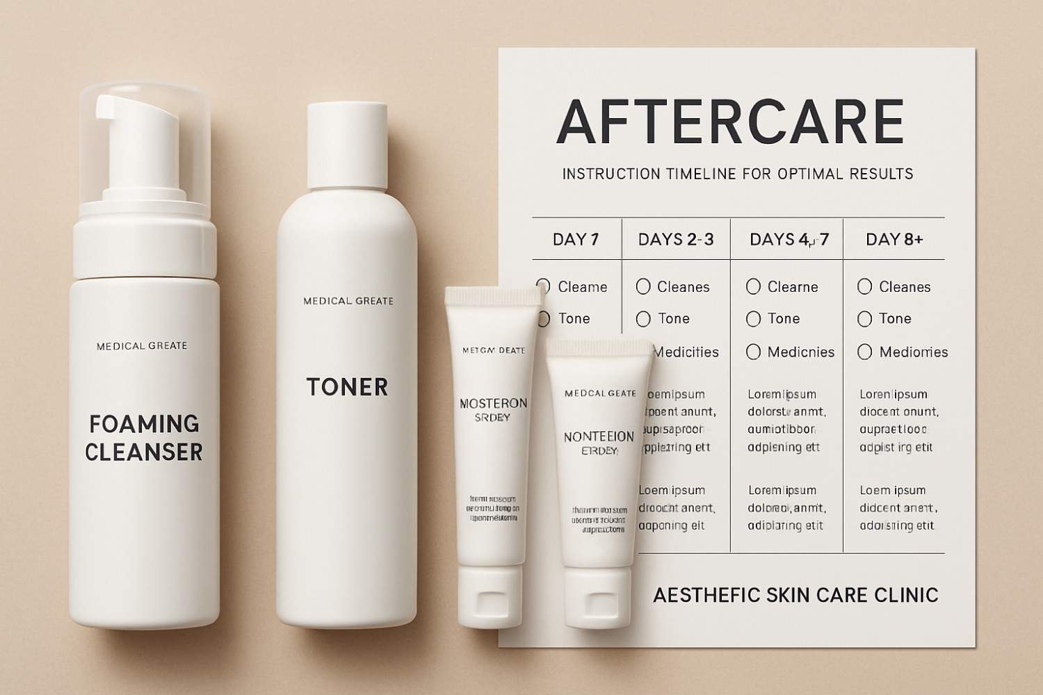 Complete aftercare kit with medical-grade products and detailed instruction timeline for optimal results