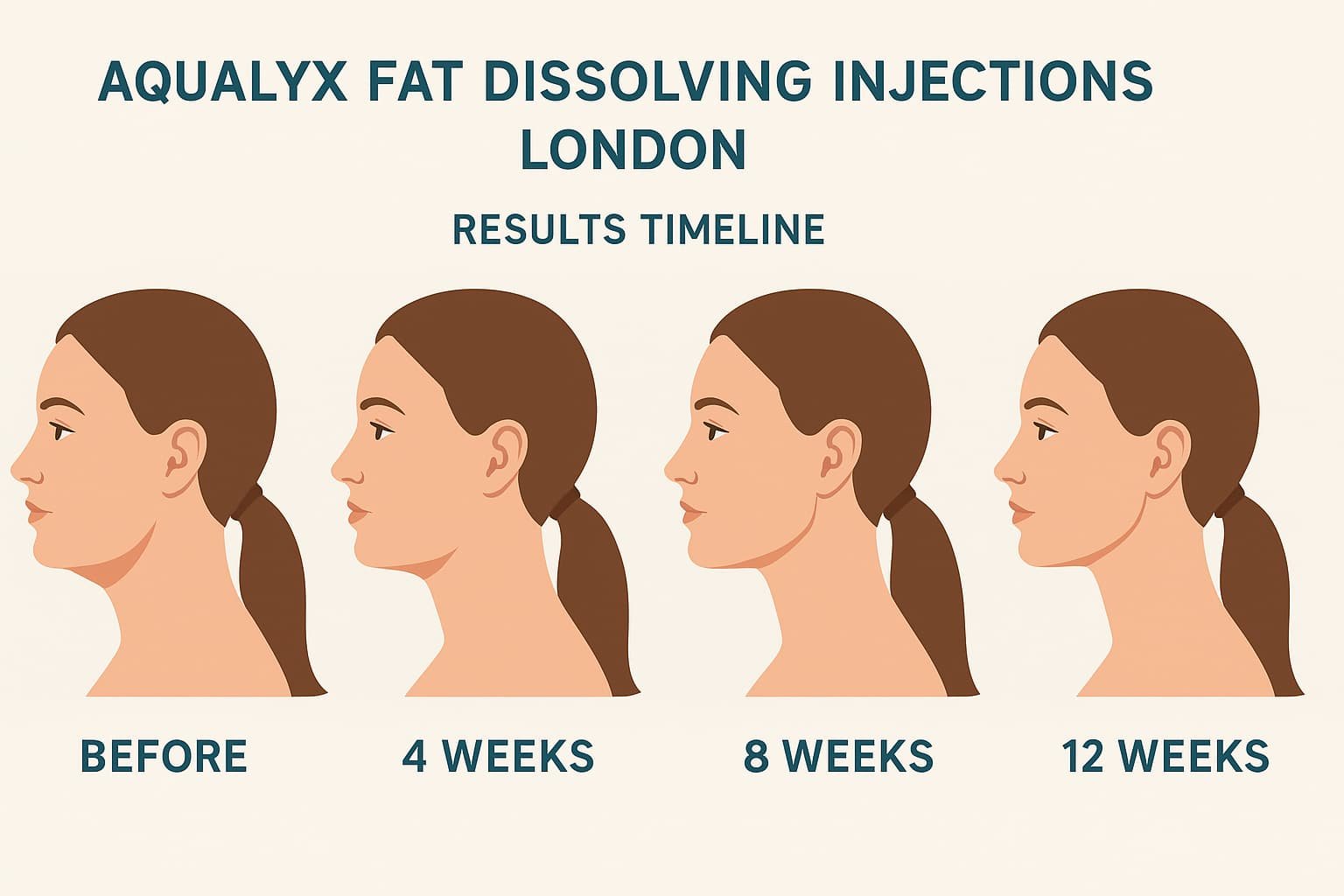 Fat reduction injections London timeline showing Aqualyx results progression AM Aesthetics