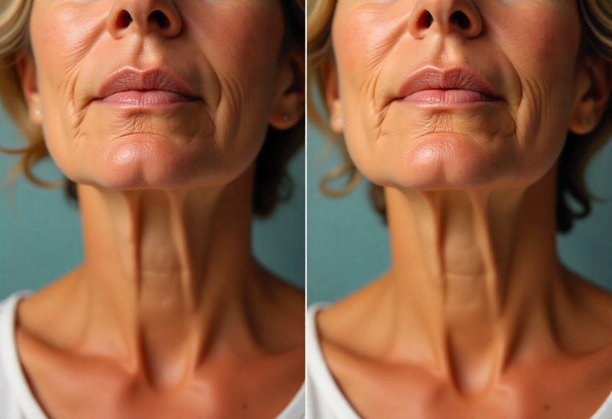 Dramatic neck skin tightening results showing lifted jawline and reduced sagging after microfocused ultrasound treatment