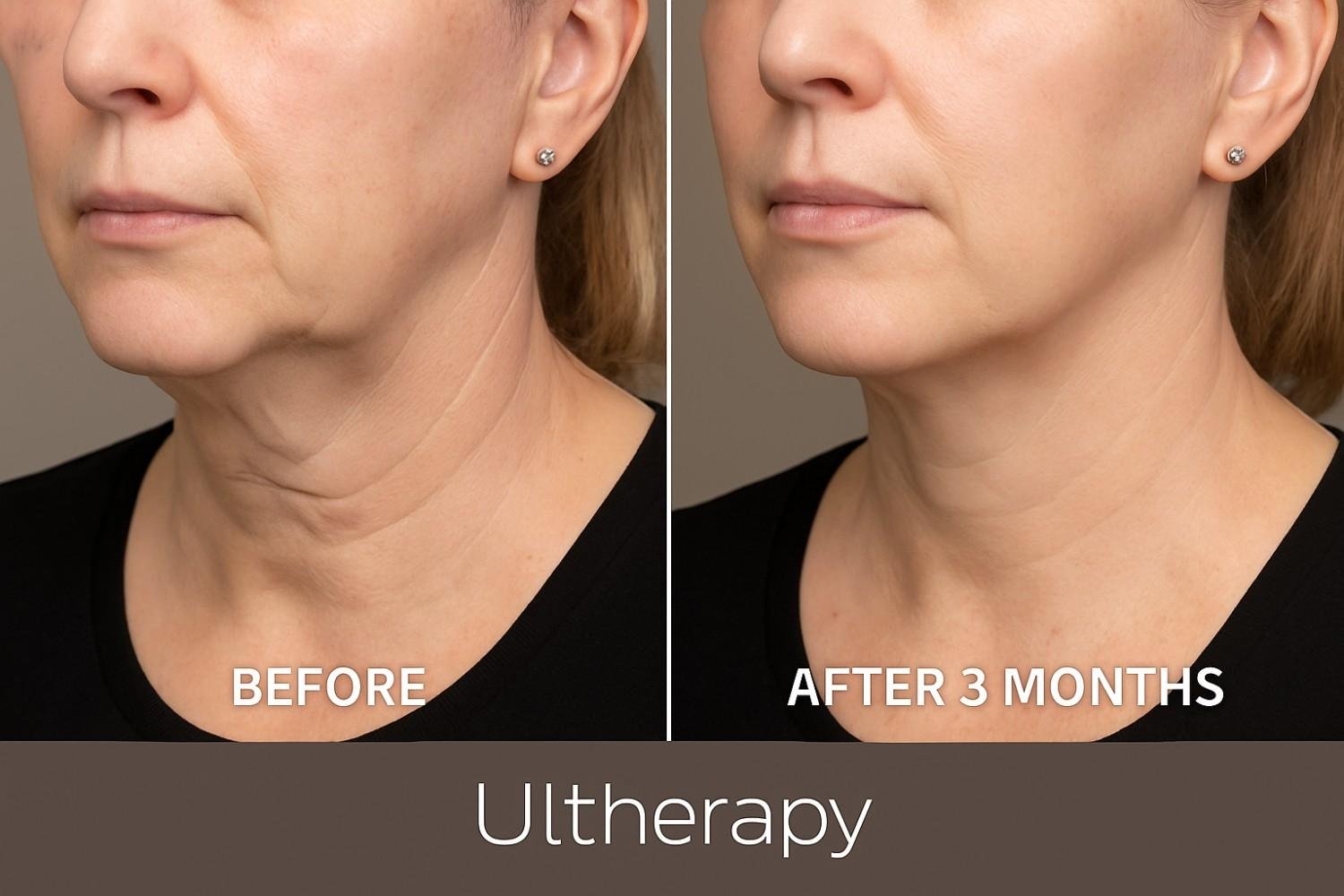 Progressive results timeline showing natural-looking neck tightening after non-surgical treatment