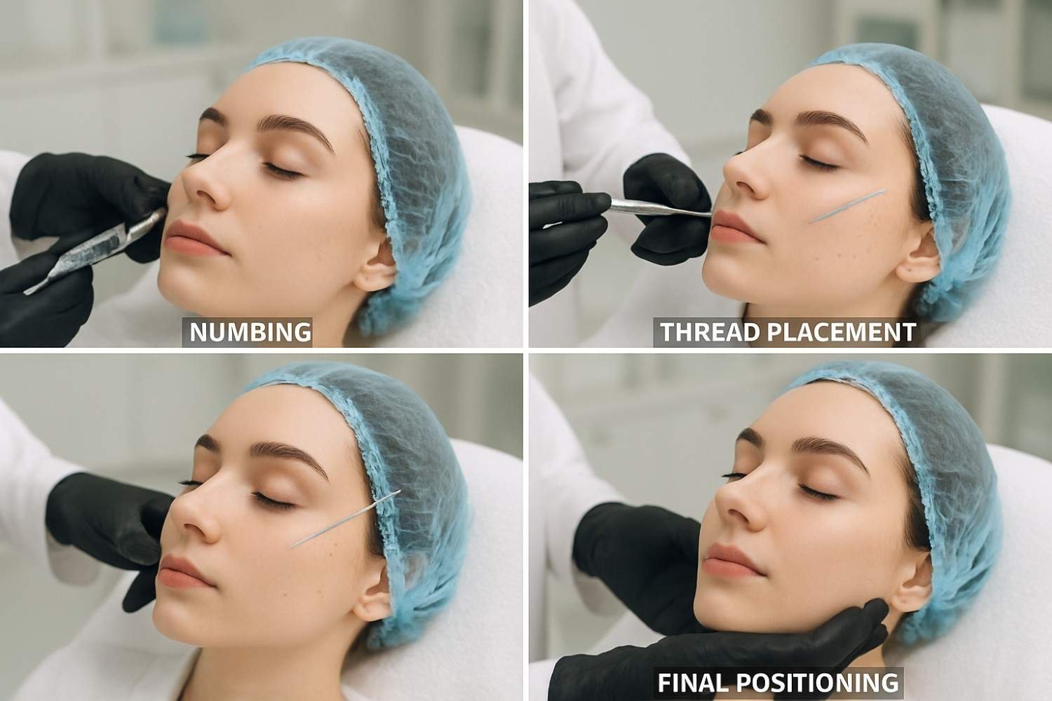 Professional step-by-step documentation of PDO thread lift procedure showing each treatment phase