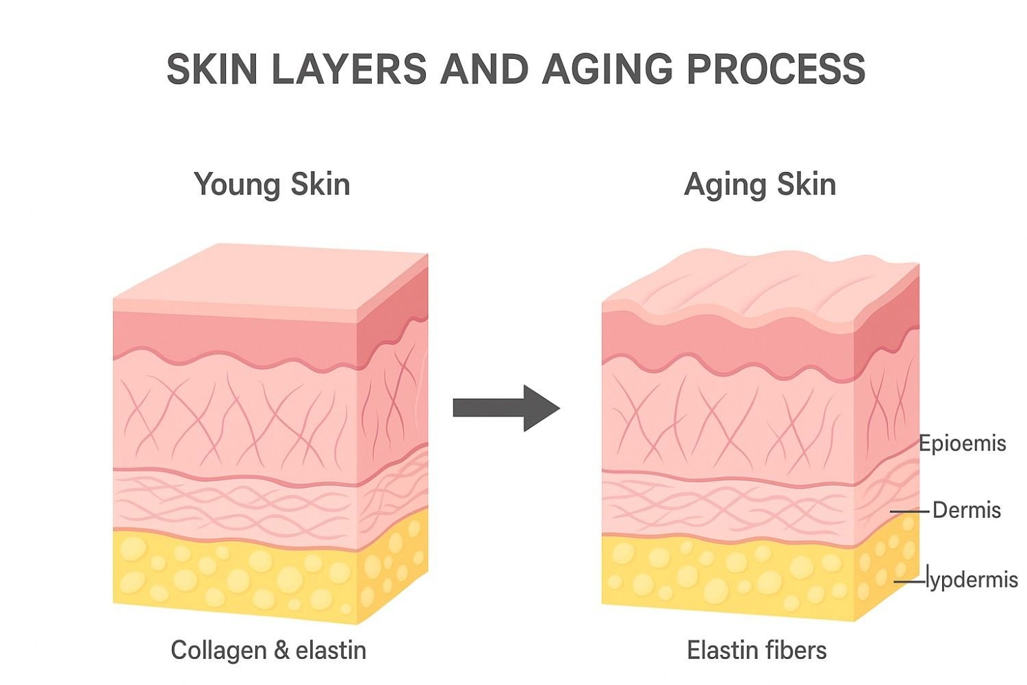 Detailed cross-section diagram illustrating how skin structure changes with age, showing collagen breakdown and cellular changes