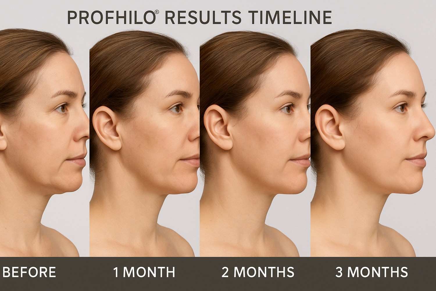 Progressive Profhilo results timeline showing gradual skin improvement over three months