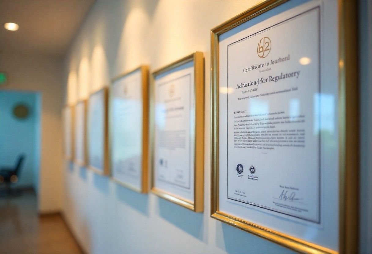 Official healthcare certifications and safety compliance certificates displayed at aesthetic clinic