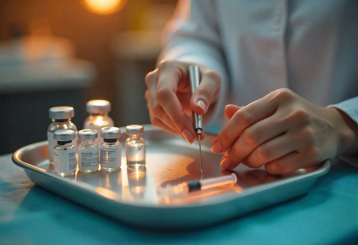 Professional medical practitioner preparing anti-wrinkle injectables at AM Aesthetics London clinic, demonstrating precision and safety standards.