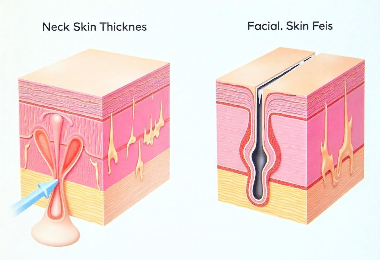 Anatomical cross-section showing the thinner structure of neck skin versus facial skin