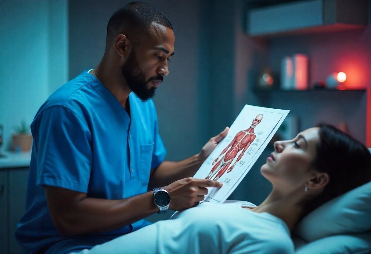 Medical practitioner explaining facial and neck anatomy using detailed anatomical charts during consultation
