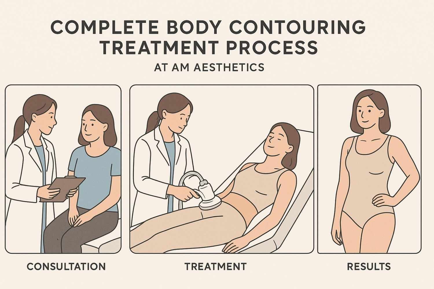 Complete body contouring treatment process at AM Aesthetics from consultation to results