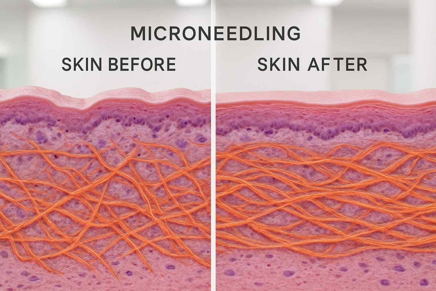 Microscopic comparison of skin structure before and after microneedling treatment