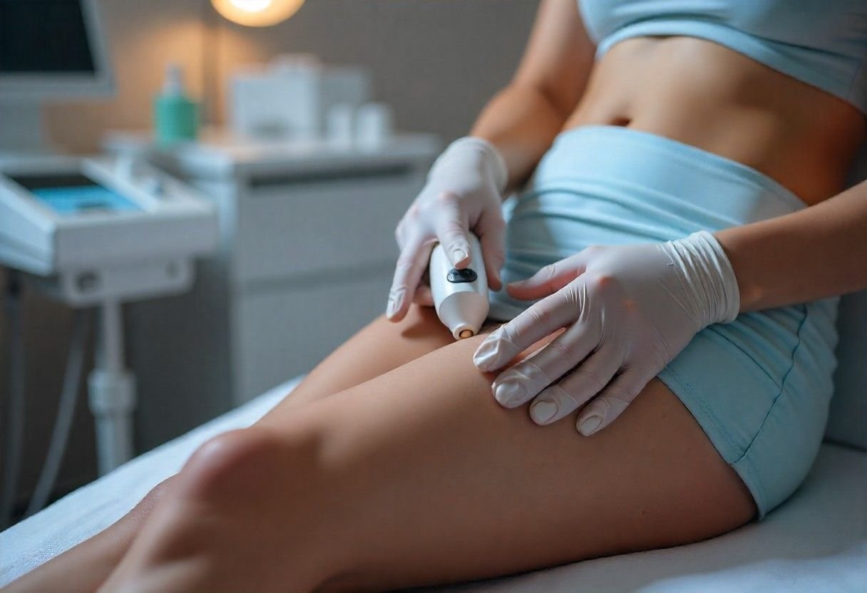 Professional cellulite reduction treatment in progress showing advanced technology and gentle technique