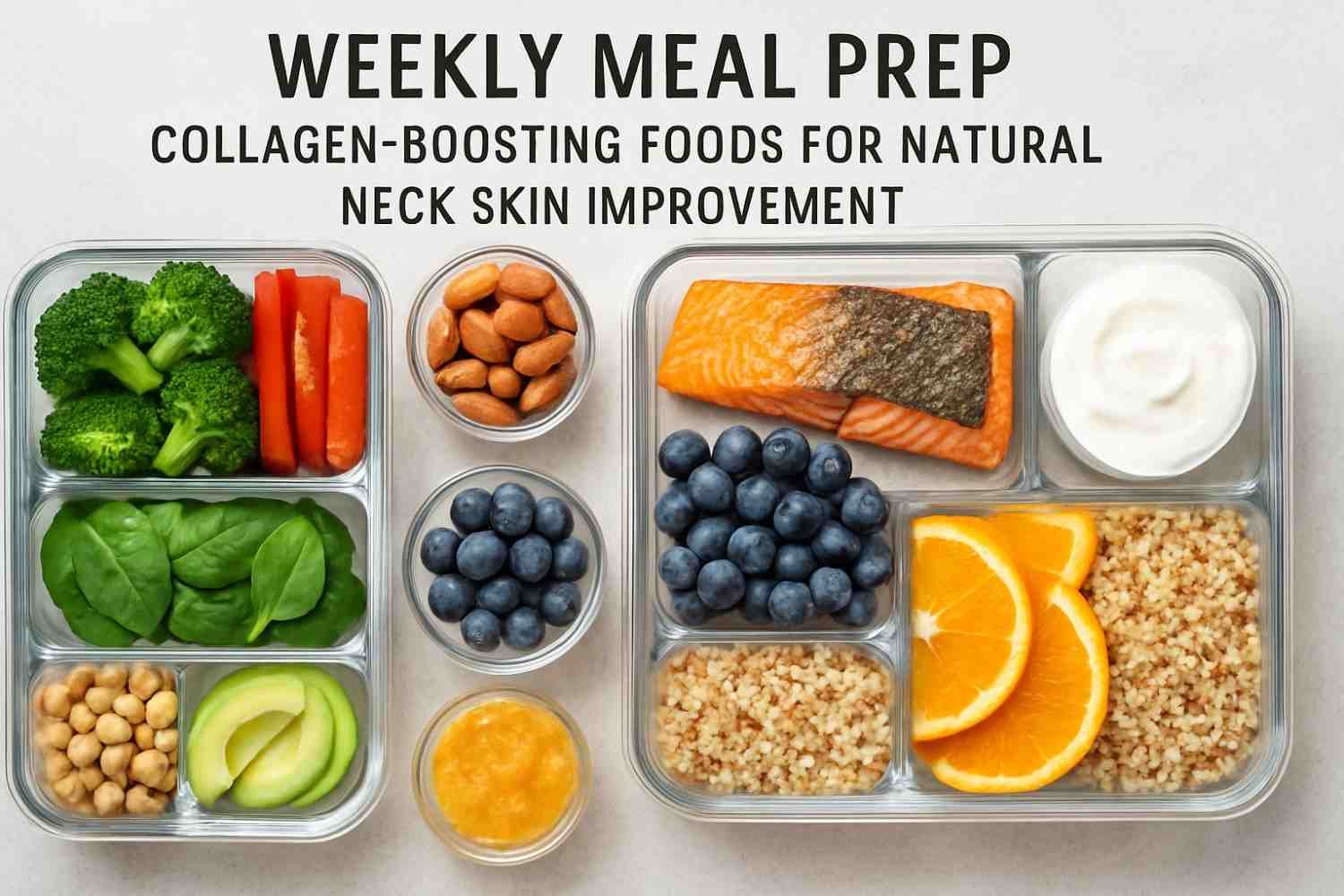 Weekly meal prep featuring collagen-boosting foods for natural neck skin improvement