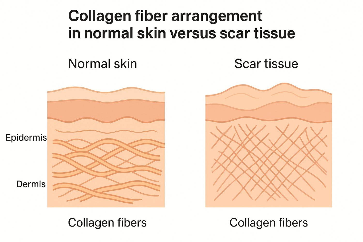 Microscopic view comparing normal skin collagen structure to scar tissue formation