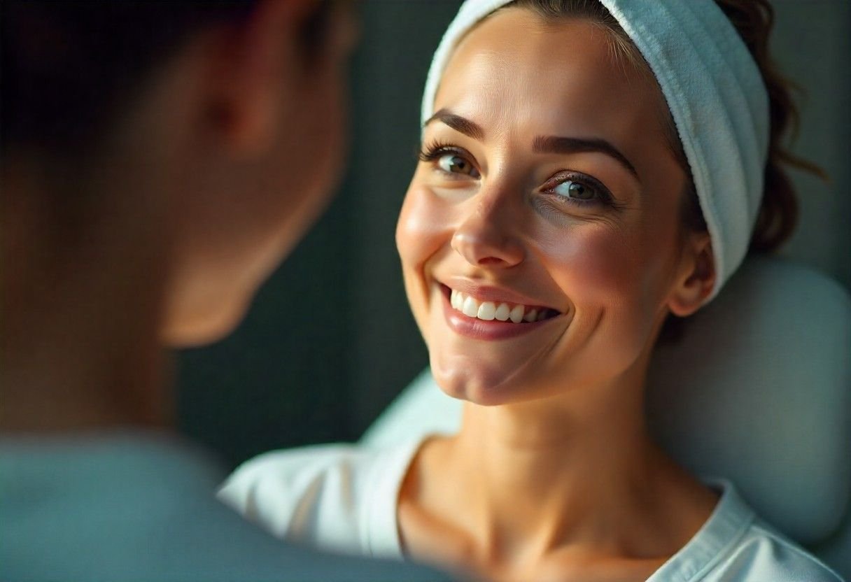 Satisfied client admiring natural-looking results after professional face and neck treatment consultation and care