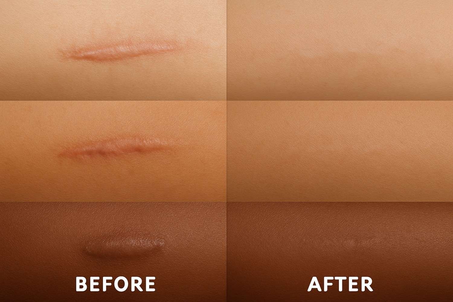 Comparison showing different scar types before AM Aesthetics treatment - acne scars, surgical scars, and injury marks