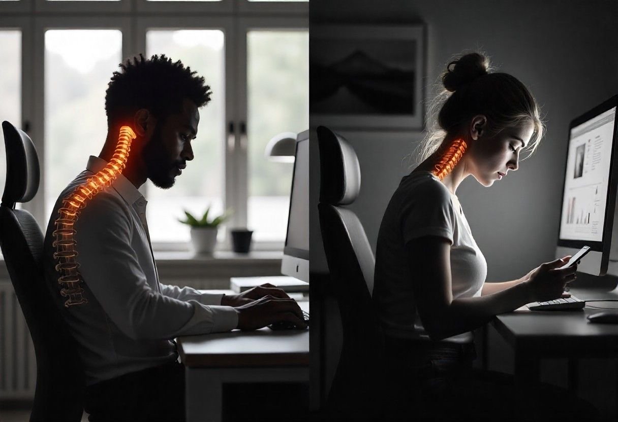 Comparison of healthy neck posture versus tech neck demonstrating muscle strain patterns