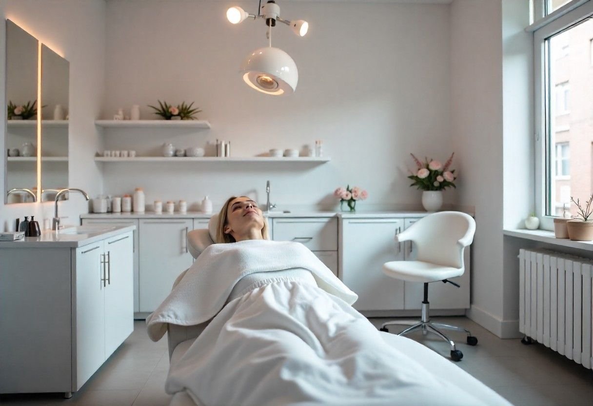 Professional medical emergency equipment and safety supplies visible in aesthetic treatment room