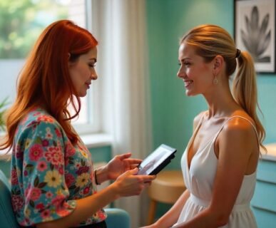 Face and neck treatment consultation at modern aesthetics clinic showing personalized treatment planning