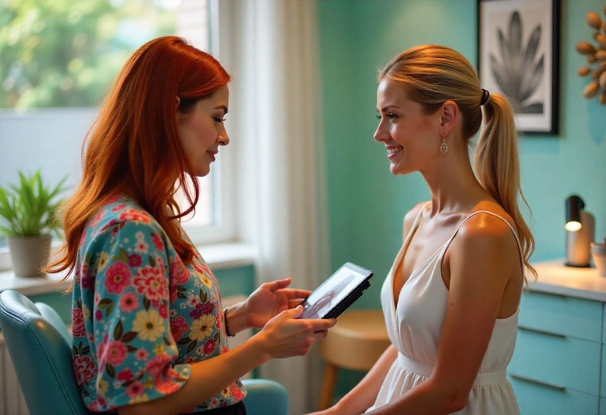 Face and neck treatment consultation at modern aesthetics clinic showing personalized treatment planning