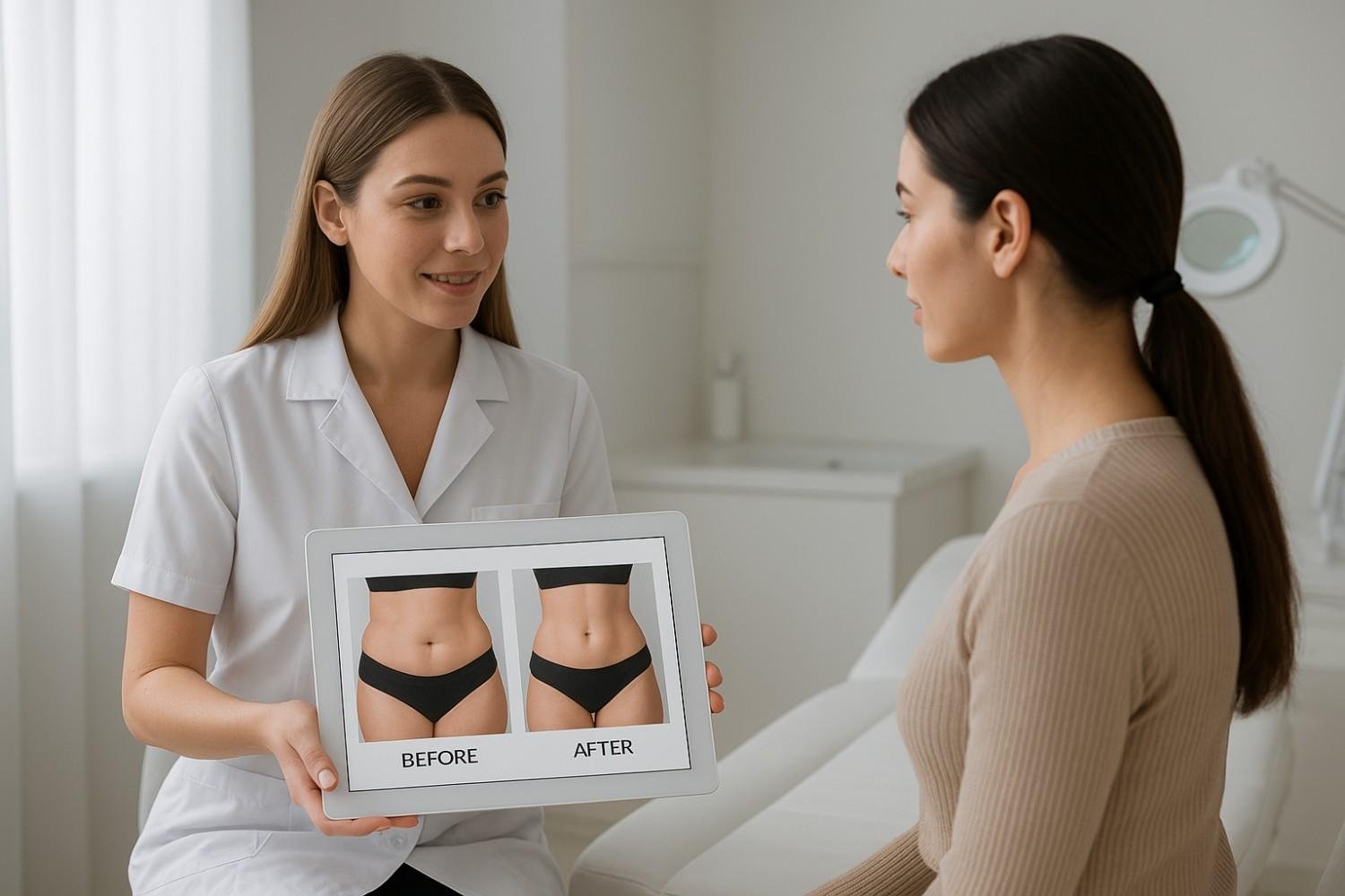 Expert aesthetic consultation at AM Aesthetics London showing personalized body treatment planning session