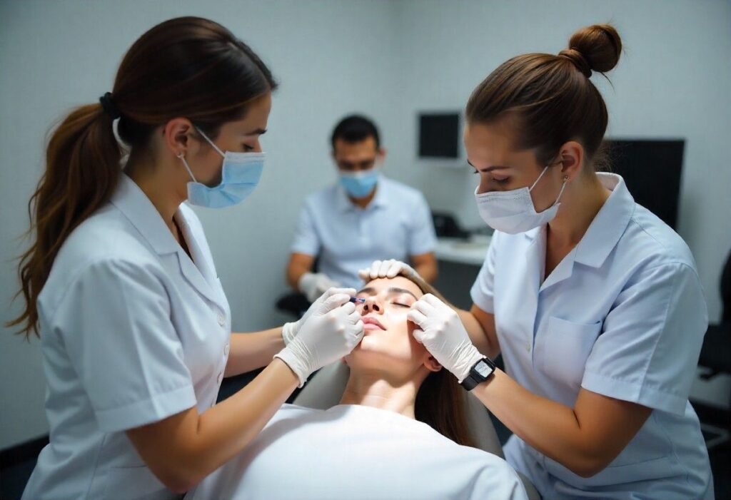 Anti-wrinkle training course in progress at AM Aesthetics London Academy with instructor demonstrating injection techniques