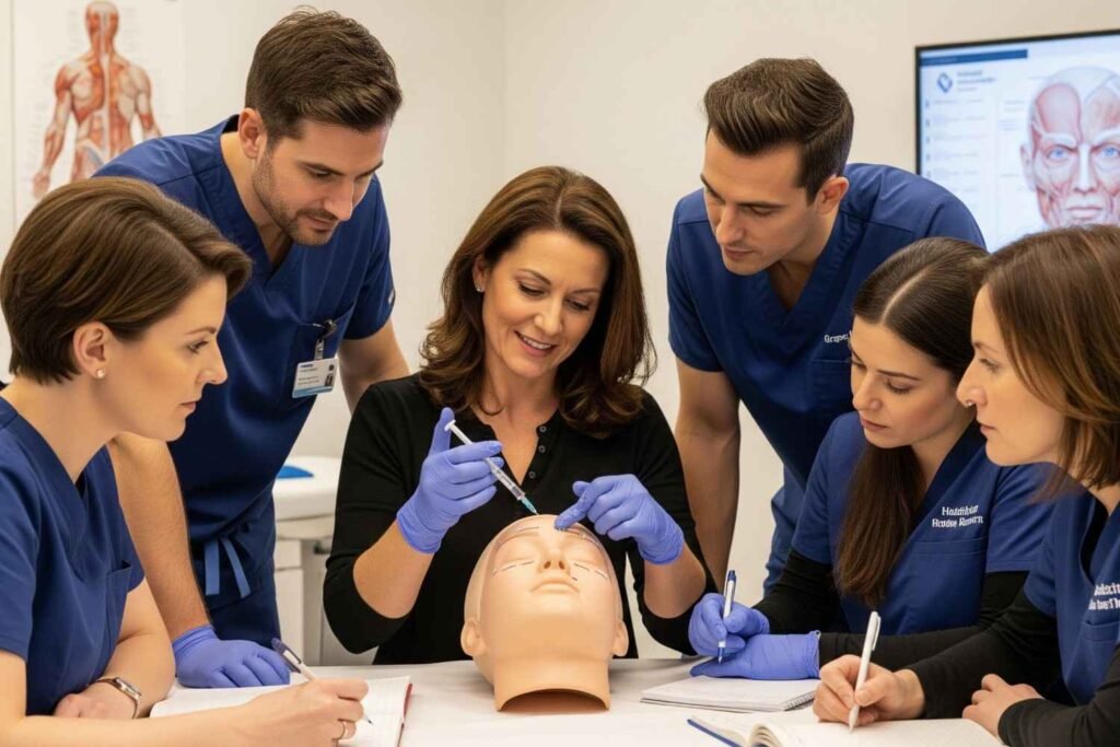 Expert instructor teaching anti wrinkle injection techniques to healthcare professionals at AM Aesthetics Academy London
