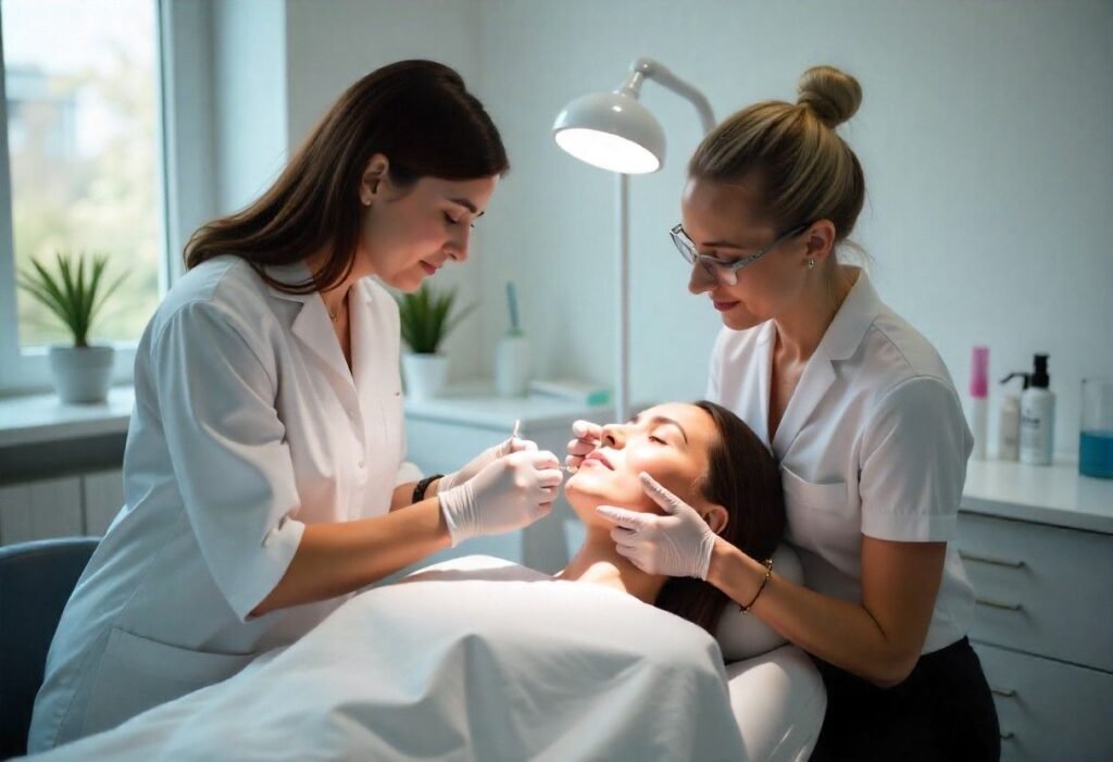 Beginner dermal filler course students receiving hands-on training at AM Aesthetics London Academy