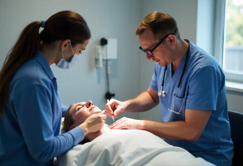 Professional aesthetic training course at AM Aesthetics Academy with instructor teaching injection techniques