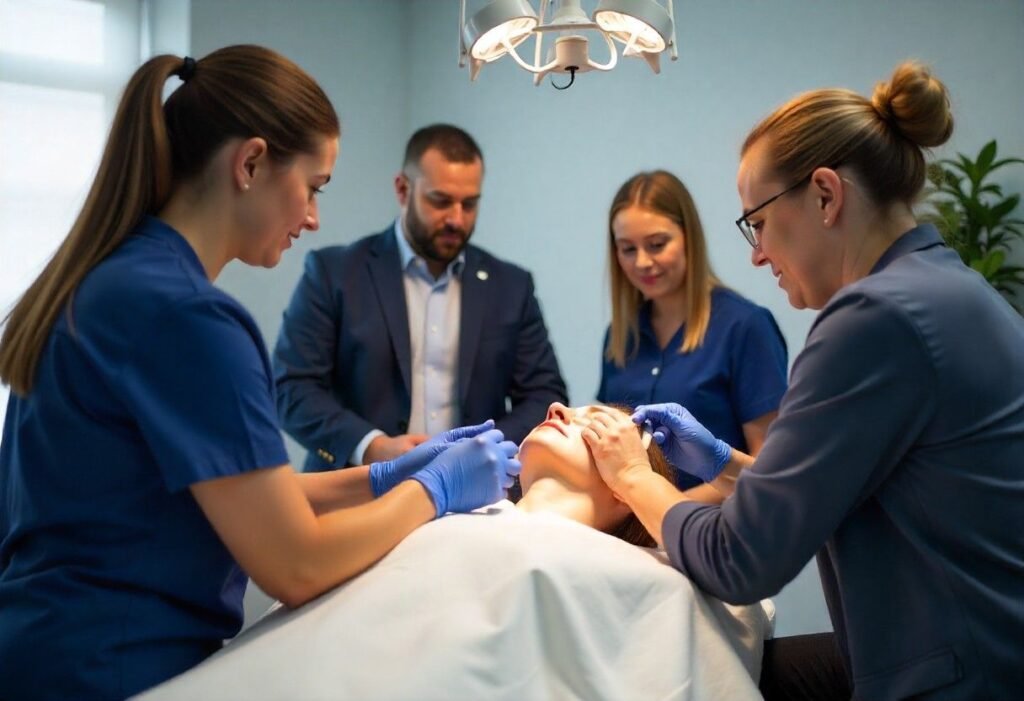 Advanced facial aesthetics training session at AM Aesthetics Academy with instructor demonstrating contouring techniques