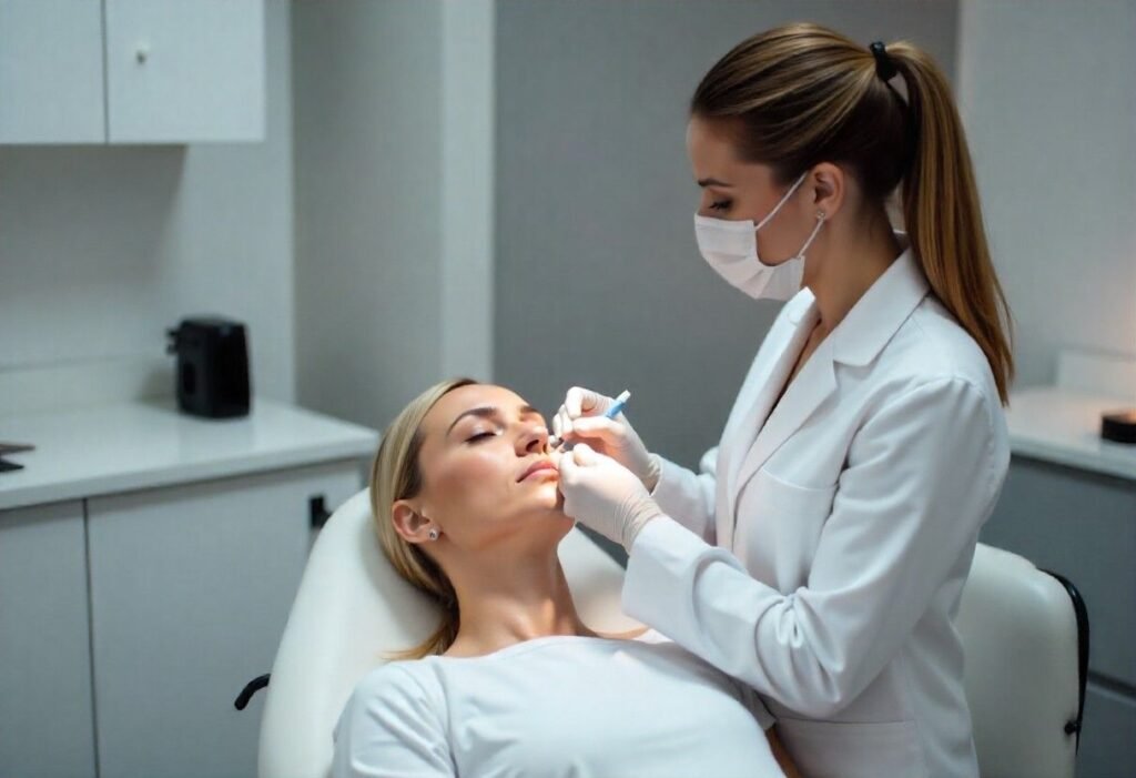 Qualified aesthetic medicine practitioner administering injectable treatment to patient in professional clinic