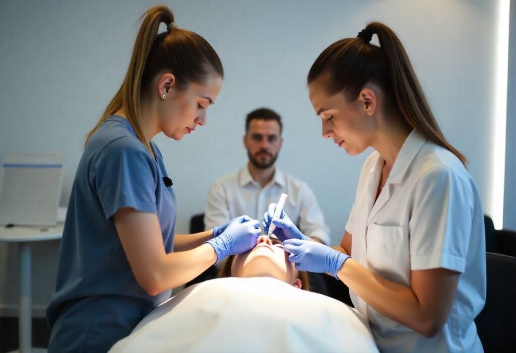 Aesthetic course students learning injection techniques at AM Aesthetics London Academy London training facility