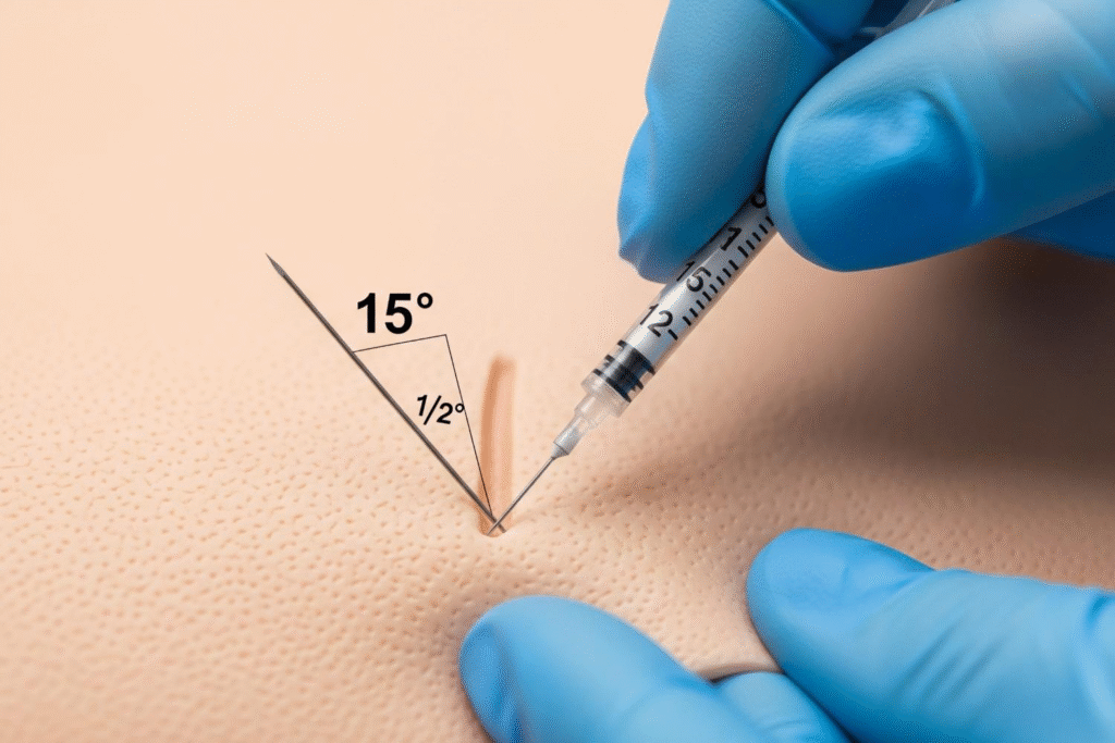 Instructor demonstrating precise needle positioning in anti wrinkle injection techniques course