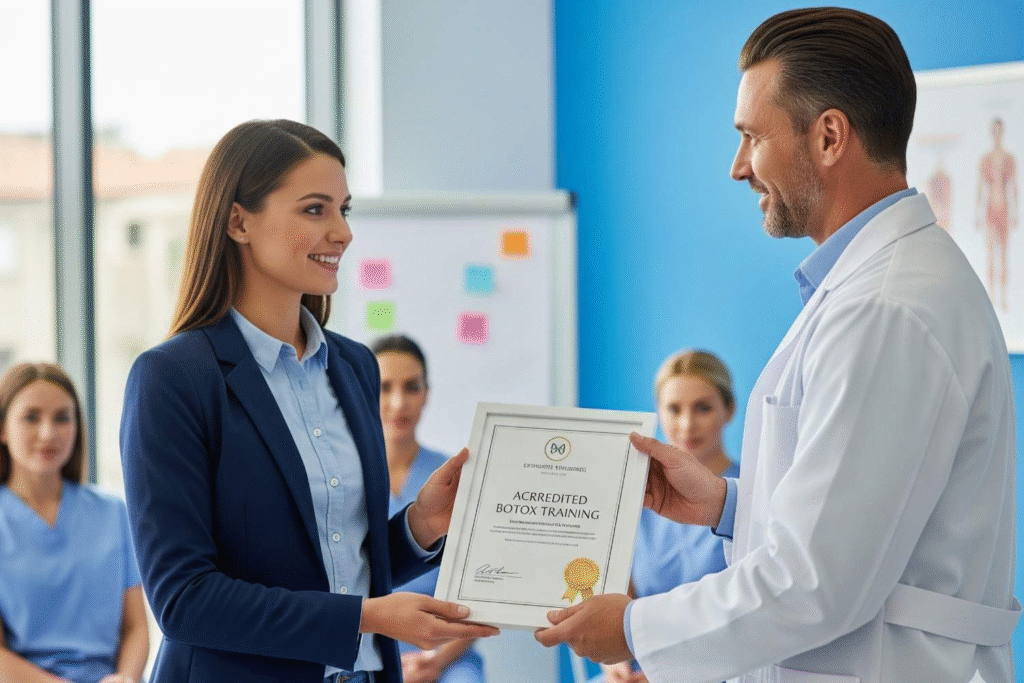 Professional receiving accredited botox training certificate from qualified instructor