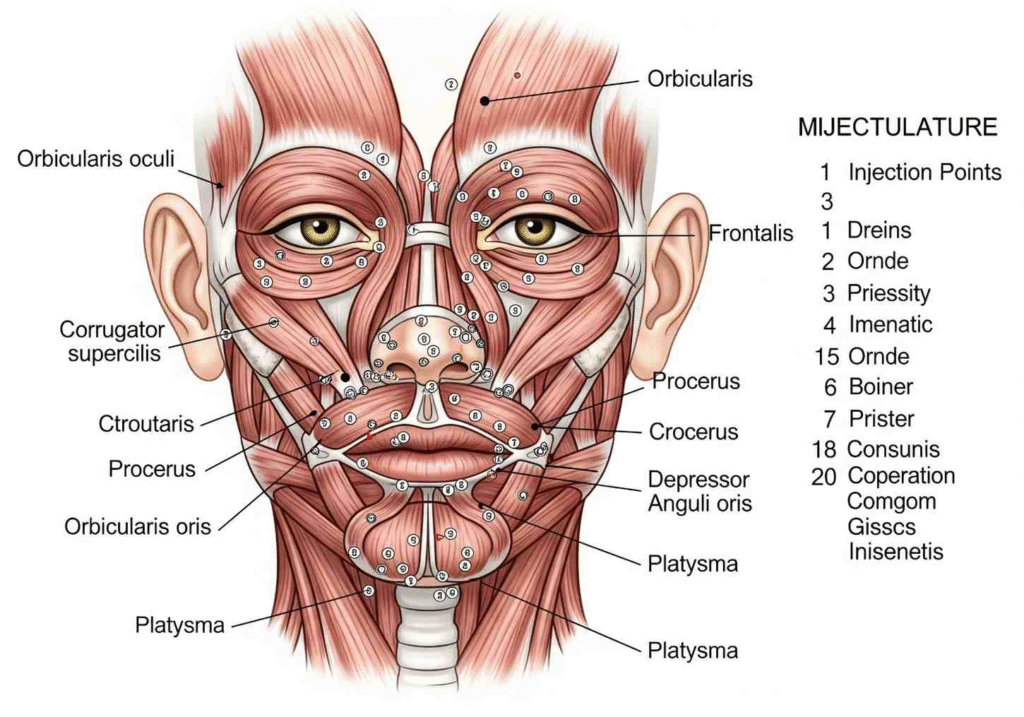 Anatomical reference used in CPD accredited botox courses showing facial muscle structure