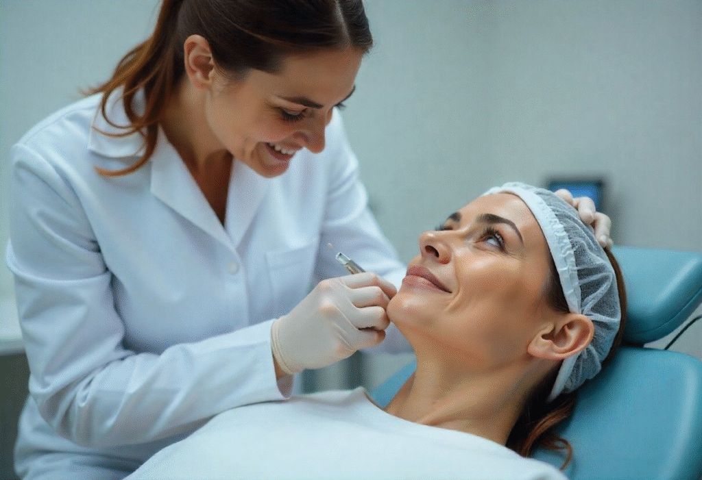Confident practitioner after completing anti wrinkle certification successfully treating patient with professional expertise