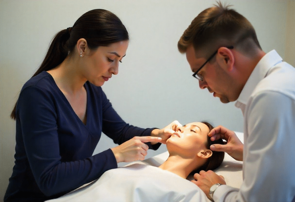 Live model aesthetics training showing anatomical guidance during practical botox course